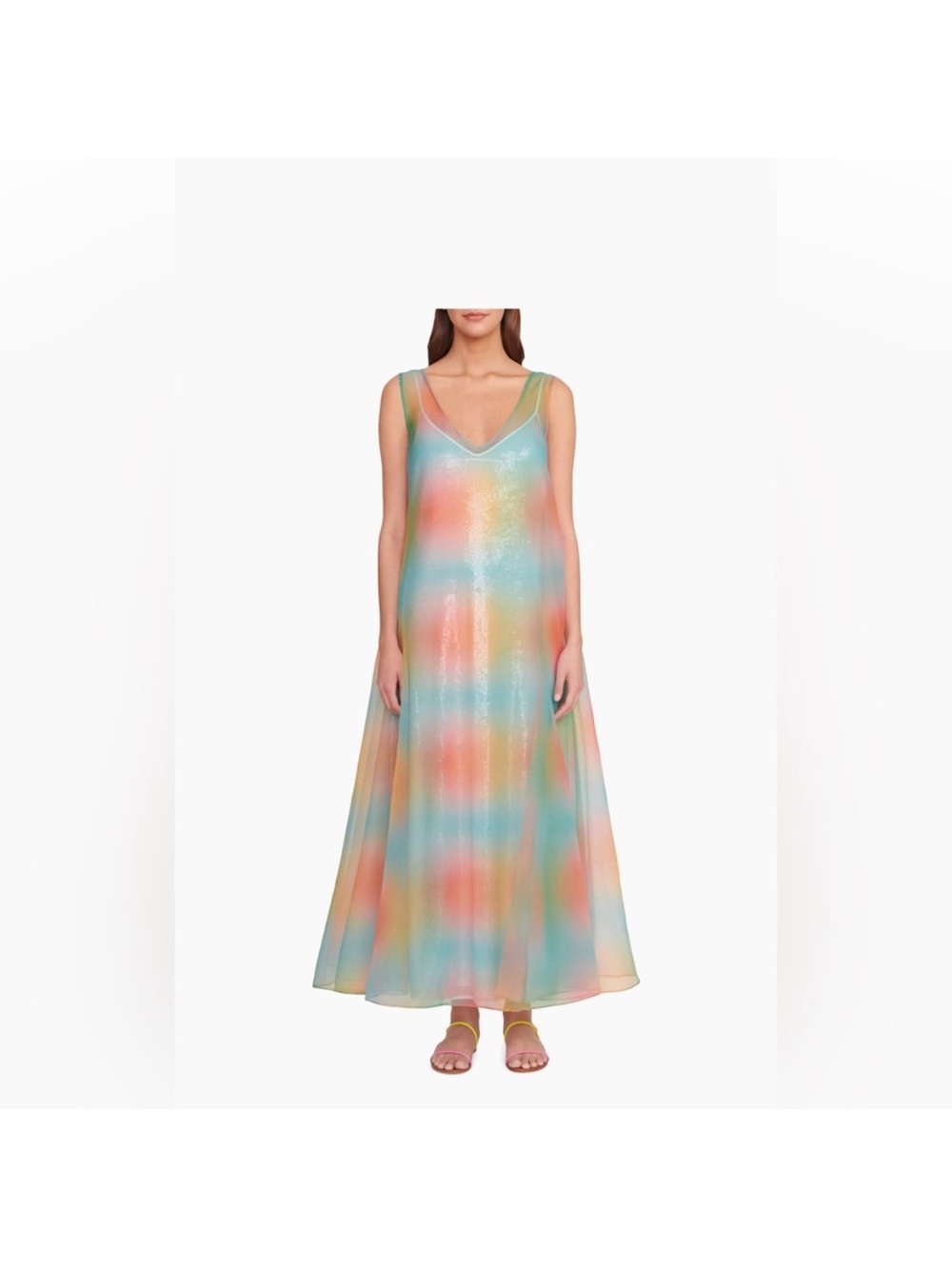STAUD Samantha Maxi Pastel Multi-Color V-Neck Sleeveless sequin Dress